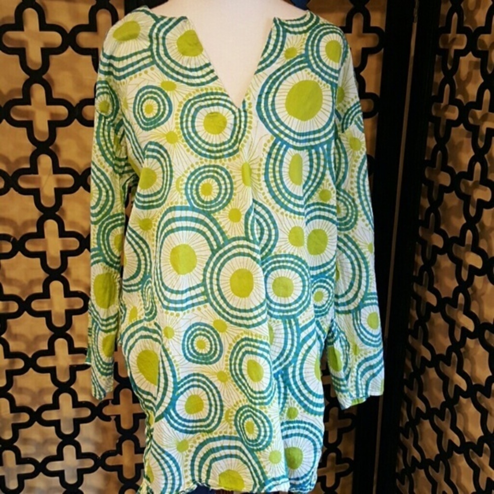 NWT BLUE GREEN CIRCLESGEOMETRIC LONG SLEEVE‎ TUNIC BLOUSE XL